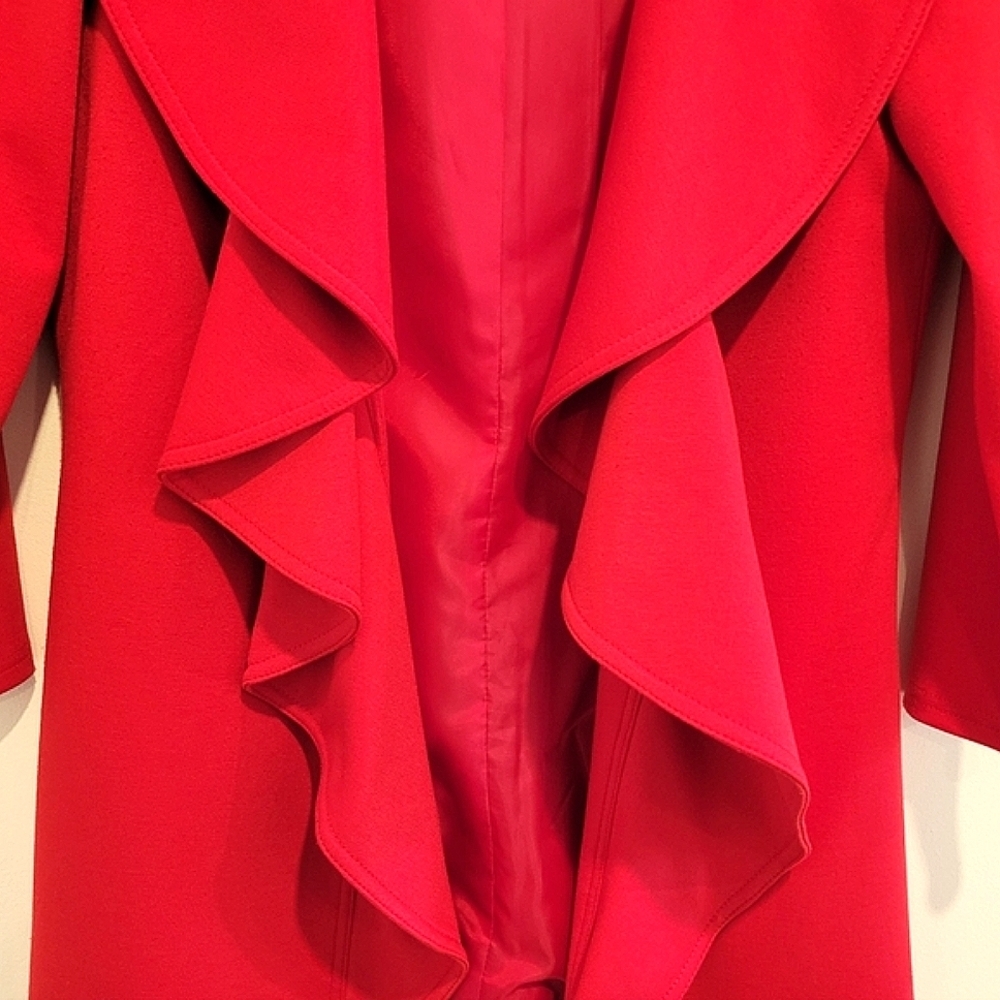 Calvin Klein 2 Red Draped Ruffled Collarless Open Front Long Cardigan Blazer - Picture 4 of 11